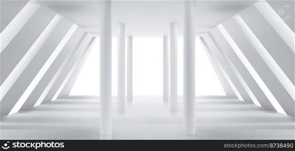 Empty modern hall interior of gallery, office or house. Corridor with inclined white walls, columns and niches in perspective view, vector realistic illustration. Empty modern hall interior with columns