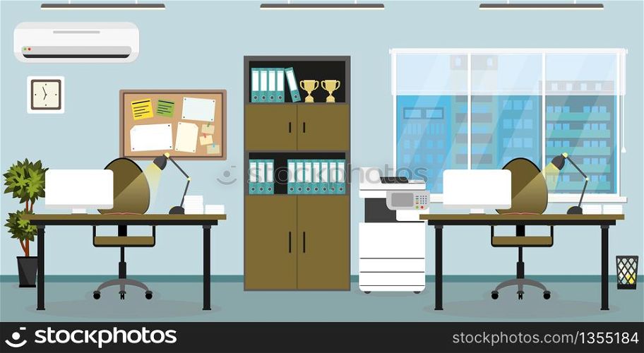 Empty Modern interior of two business workspace,window with cityscape view,flat vector illustration