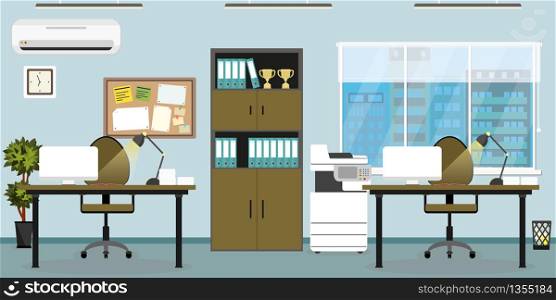 Empty Modern interior of two business workspace,window with cityscape view,flat vector illustration
