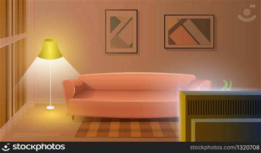 Empty Modern Living Room Interior Cartoon Vector with Comfortable Sofa, Lighted Elegant Floor Lamp, Carpet on Floor, Paintings on Wall and Working TV Set Illustration. Watching Evening TV Show Concept