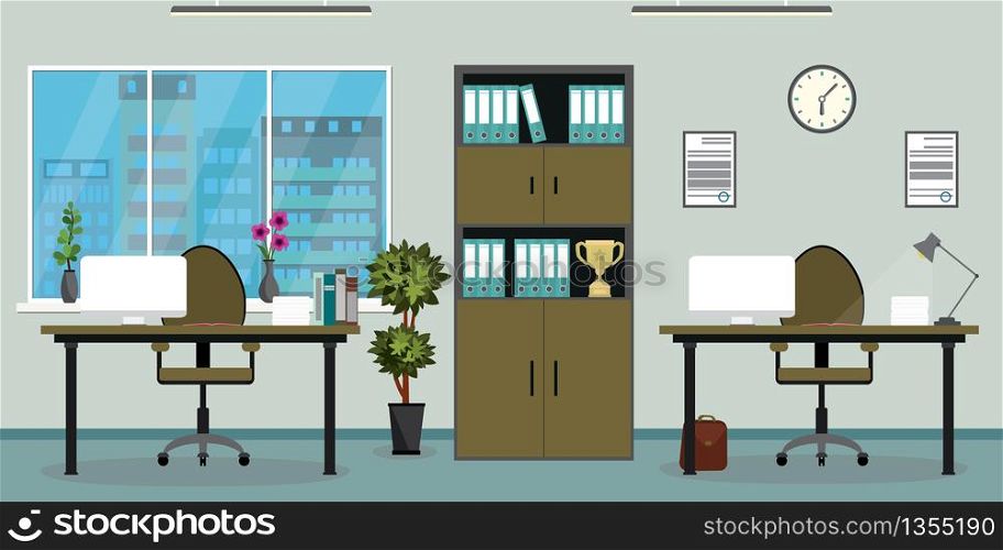 Empty modern office with two workplaces,room with furniture,flat vector illustration.