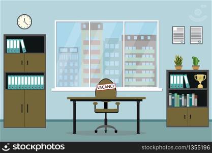 Empty modern office with vacancy sign on chair,room with furniture,flat vector illustration
