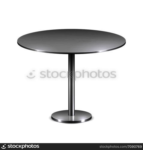 Empty modern round table with metal stand isolated on white background. Vector template for restaurant interior. Illustration of furniture for cafe and restaurant. Empty modern round table with metal stand isolated on white background. Vector template for restaurant interior