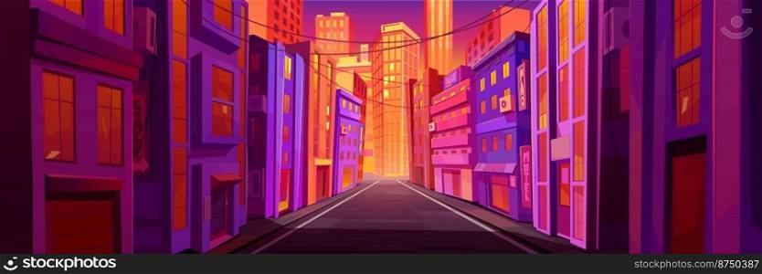 Empty morning city street at sunrise. Vector cartoon illustration of modern megalopolis architecture, windows of apartment buildings illuminated by rays of dawn. Beautiful cityscape with skyscrapers. Empty morning city street at sunrise