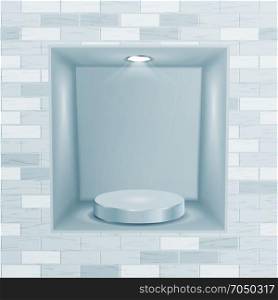 Empty Niche Vector. Realistic Brick Wall. Clean Empty Shelf, Niche, Showcase In The Wall. Mock Up. Good For Presentations, Display Your Product. Illuminated Light Lamp. Empty Niche Vector. Realistic Brick Wall. Clean Shelf, Niche, Wall Showcase. Good For Presentations, Display Your Product. Illuminated Light Lamp