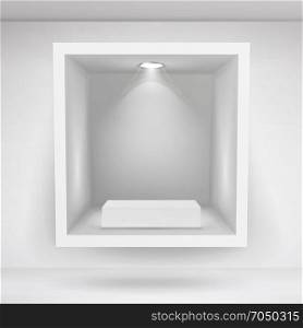 Empty Niche Vector. Realistic Clean Shelf, Niche, Wall Showcase. Good For Presentations, Display Your Product. Illuminated Light Lamp. Empty Niche Vector. Clean Empty Shelf, Niche, Showcase In The Wall. Mock Up. Good For Presentations, Display Your Product. Illuminated Light Lamp