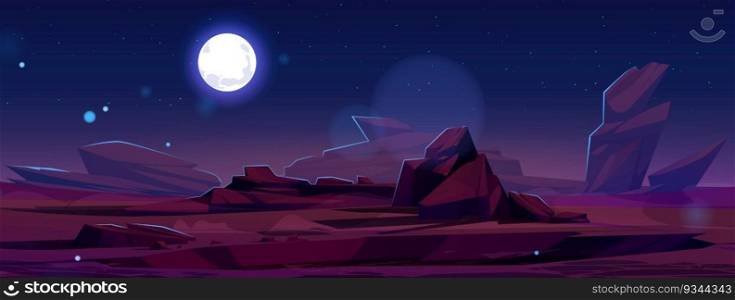 Empty night desert landscape under full moon light in starry sky. Vector cartoon illustration of rocky canyon, cliffs and sand, hot red rock, empty alien planet territory with stones. Game background. Uninhabited desert landscape under full moon