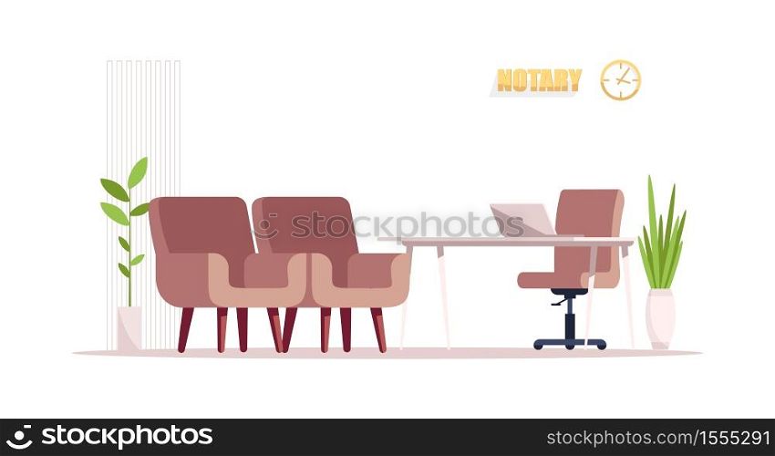 Empty notary office semi flat RGB color vector illustration. Desk and 3 chair for customer visit. Meeting room for consultation. Law office furniture isolated cartoon object on white background. Empty notary office semi flat RGB color vector illustration