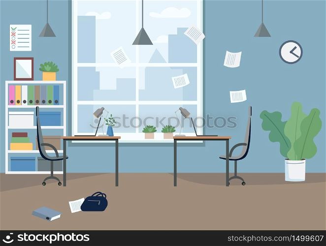 Empty office flat color vector illustration. Workplace in disorder 2D cartoon interior with scattered papers on background. Business problem, company bankruptcy. Corporate room left in panic. Empty office flat color vector illustration