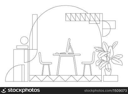 Empty office flat silhouette vector illustration. Executive HR manager workplace contour composition on yellow background. Office for meetings, room with chairs and desktop PC simple style drawing