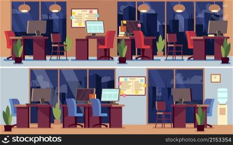 Empty office interior. Night business interiors, coworking zone or manager room. Table with computers, task board, chairs vector illustration. Office empty with computer, modern coworking space. Empty office interior. Night business interiors, coworking zone or manager room. Table with computers, task board, chairs vector illustration