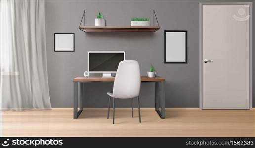 Empty office room with monitor on desk, chair, shelf with plants and black picture frames. Vector realistic interior of modern home workplace with computer screen and wooden table. Office room interior with desk, monitor and chair
