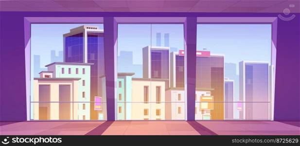 Empty office with large panoramic windows and urban view seen through glass. Modern open space premises, studio apartment, corridor or hall. Real estate rental in big city. Cartoon vector illustration. Empty office with large panoramic windows