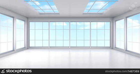 Empty office with large windows on ceiling and floor. Room interior in white colors. Internal structure of modern city architecture, inner design project visualization Realistic 3d vector illustration. Empty office room interior with windows on ceiling