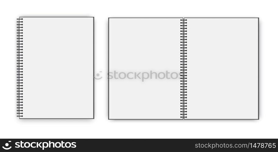 Empty open book. Closed white notebook. Layout booklet with a spiral. Vector image. Stock Photo.