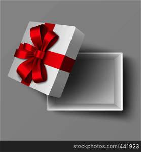 Empty open box with red silk ribbon and gift bow top view. Realistic vector illustration isolated. Surprise to holiday and celebration with red ribbon. Empty open box with red silk ribbon and gift bow top view. Realistic vector illustration isolated