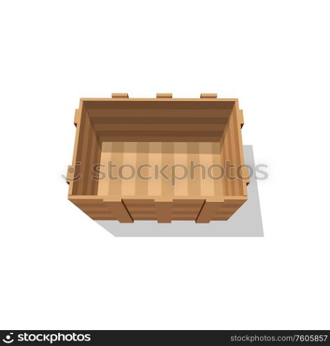 Empty open container of wooden planks isolated, top view of shipping crate. Vector delivery crate. Crate of wooden planks isolated empty drawer