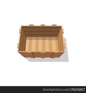 Empty open container of wooden planks isolated, top view of shipping crate. Vector delivery crate. Crate of wooden planks isolated empty drawer