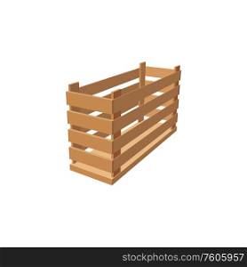 Empty opened crate to store grocery goods isolated. Vector mockup of packaging of wooden planks. Crate timber packaging of planks isolated box