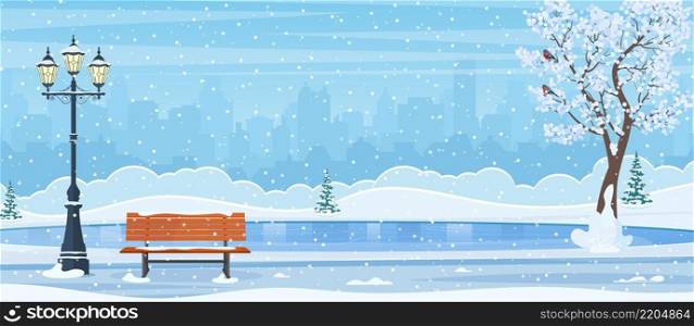 Empty outdoor ice rink for skating and fun winter activities. cartoon frozen landscape. Winter day park scene. Snow covered wooden bench with street l&. Vector illustration in flat style. Empty outdoor ice rink