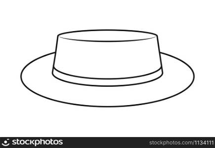 empty outline of a low-crowned hat. Headdress icon, hat. Isolated outline on a white background. Flat style
