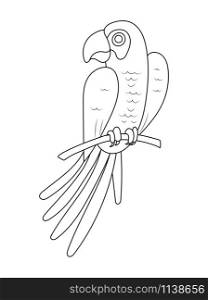 Empty outline of a parrot bird on a branch. Isolated on a white background. Flat design for postcards, scrapbooking, coloring books and decoration.