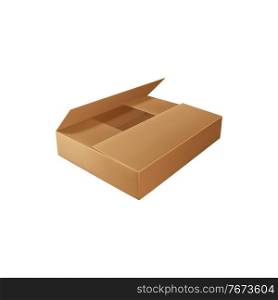 Empty packaging top view cardboard container isolated icon. Vector delivering goods corrugated packaging, open mail pack. Shipping and distribution parcel, blank box to store things while moving. Open carton cardboard box isolated empty package