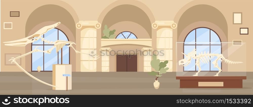 Empty paleontology museum hall flat color vector illustration. Dinosaur fossils exhibition. Prehistoric skeletons. Archeology exhibition 2D cartoon interior with showcases on background. Empty paleontology museum hall flat color vector illustration