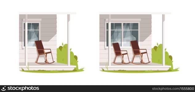 Empty patio with armchairs semi flat RGB color vector illustration set. Farmhouse exterior with furniture for recreation. Porch with chairs isolated cartoon object on white background. Empty patio with armchairs semi flat RGB color vector illustration set