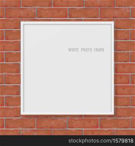 Empty photo frame on red brick wall texture background. Vector illustration.
