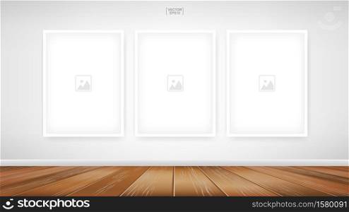 Empty photo frame or picture frame background in wooden room space background. For room design and interior decoration. Vector illustration.