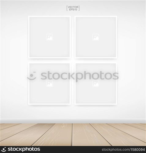 Empty photo frame or picture frame background in wooden room space background. For room design and interior decoration. Vector illustration.