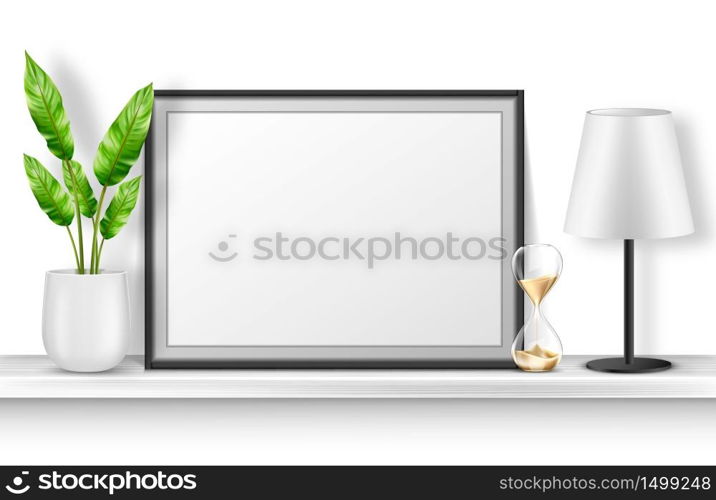Empty photo frame stand on white shelf with potted plant, hourglass and table lamp, home interior decor with blank place for picture and black border. Realistic 3d vector bookshelf with accessories. Empty photo frame stand on white shelf with plant