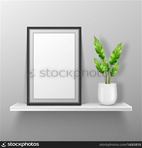 Empty photo frame stand on white shelf with potted plant, mockup of interior decoration with blank place for picture and black border. Vector realistic 3d portfolio, home, gallery or office bookshelf. Empty photo frame stand on white shelf, mockup