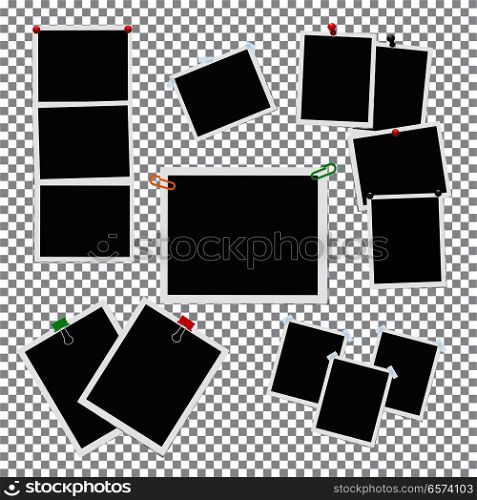 Empty photo frames pinned, clipped and taped on transparent background vectors set. Cards or reminders templates attached with pushpins, paperclips and scotch tape illustrations collection. Empty Photo Frames Attached with Pins Vector Set