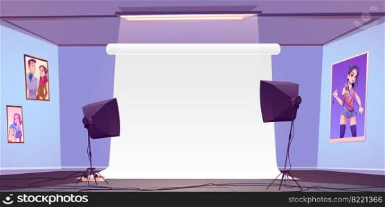 Empty photo studio interior with white backstage, professional light equipment and pictures on wall. Room with spotlights and backdrop for shooting models with photographer Cartoon vector illustration. Empty photo studio interior with white backstage