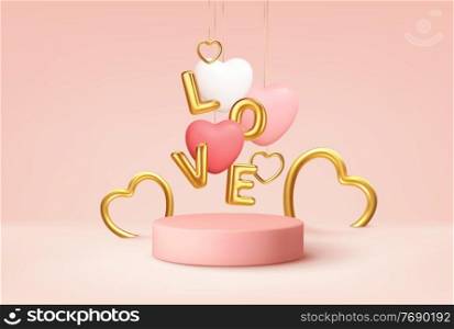 Empty pink product podium scene with pink and white heart shape balloons and gold word love balloons. Design concept for Happy Valentines Day. Vector illustration EPS10. Empty pink product podium scene with pink and white heart shape balloons and gold word love balloons. Design concept for Happy Valentines Day. Vector illustration