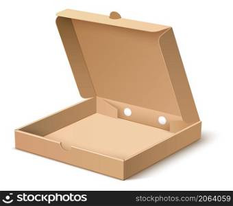 Empty pizza box. Open cardboard pack. Realistic mockup isolated on white background. Empty pizza box. Open cardboard pack. Realistic mockup