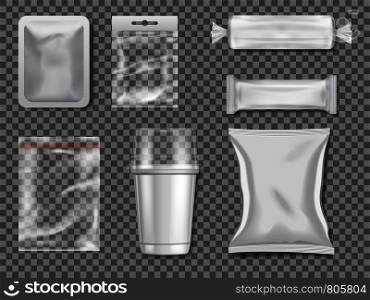 Empty plastic and transparency packages. Vector mockup pictures. Illustration of package plastic clear and transparent. Empty plastic and transparency packages. Vector mockup pictures