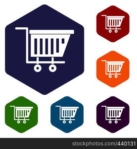 Empty plastic market trolley icons set hexagon isolated vector illustration. Empty plastic market trolley icons set hexagon