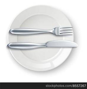 Empty plate mockup cutlery on top. Finished meal sign isolated on white background. Empty plate mockup cutlery on top. Finished meal sign