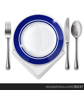 Empty plate with spoon, knife and fork on a white background. Mesh.
