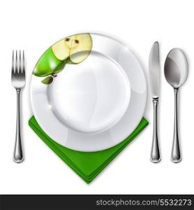 Empty plate with spoon, knife and fork on a white background. Mesh. Clipping Mask.