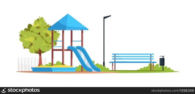 Empty playground semi flat RGB color vector illustration. Public play area, playpark. Children slide and a sandpit. Summer recreation, leisure. Isolated cartoon object on white background. Empty playground semi flat RGB color vector illustration