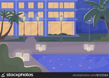 Empty poolside with romantic decor in evening flat color vector illustration. Luxury resort pool. Fully editable 2D simple cartoon landscape with lit hotel building windows on background. Empty poolside with romantic decor in evening flat color vector illustration