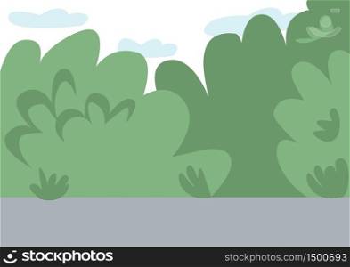 Empty public park flat color vector illustration. City street 2D cartoon landscape with green bushes on background. Natural plants, greenery in residential district. Place for fresh air strolls. Empty public park flat color vector illustration