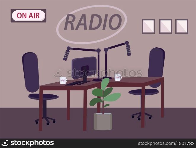 Empty radio studio flat color vector illustration. Professional radio station room 2D cartoon interior with on air sign on background. Podcast production place with tables and microphones. Empty radio studio flat color vector illustration