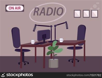 Empty radio studio flat color vector illustration. Professional radio station room 2D cartoon interior with on air sign on background. Podcast production place with tables and microphones. Empty radio studio flat color vector illustration