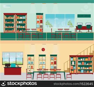 Empty Reading Seat In Library or Bookstore with bookshelves,Library interior flat design illustration vector