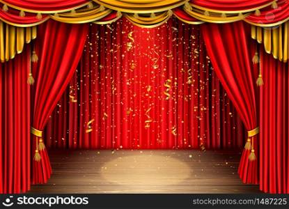 Empty red curtain stage with golden confetti falling on wooden floor with spotlight. Theater, opera scene with drape, concert or cinema grand opening realistic vector portiere for ceremony performance. Empty stage with red curtain and falling confetti